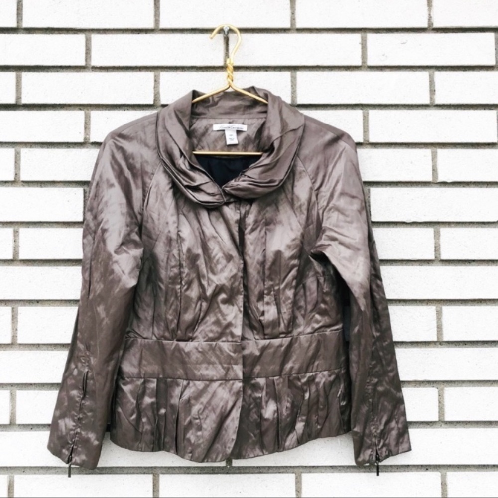 Kenneth Cole New York Metallic Bronze Ruffle Hem Jacket Zip Sleeve Snap Front